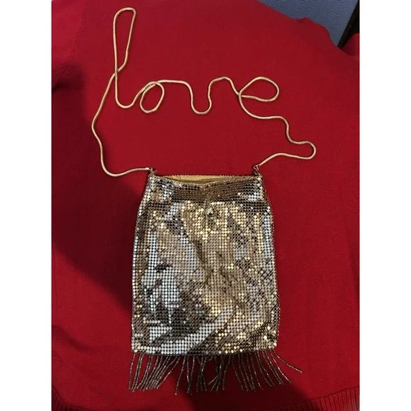 Vintage Whiting & Davis Gold Mesh Crossbody Bag 80s Evening Purse Fringe Disco - Picture 1 of 3